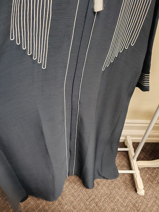 Abaya Slate Grey Textured with White Embroidery & Tassel Accent – Elegant Open