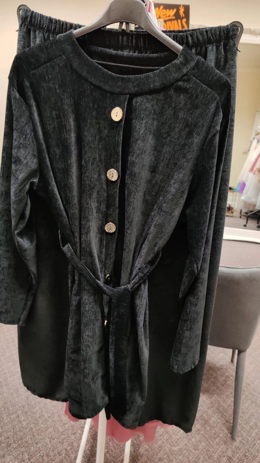 Women's Velvet Button-Up Tunic Dress; Trousers Set – Modest Long Sleeve