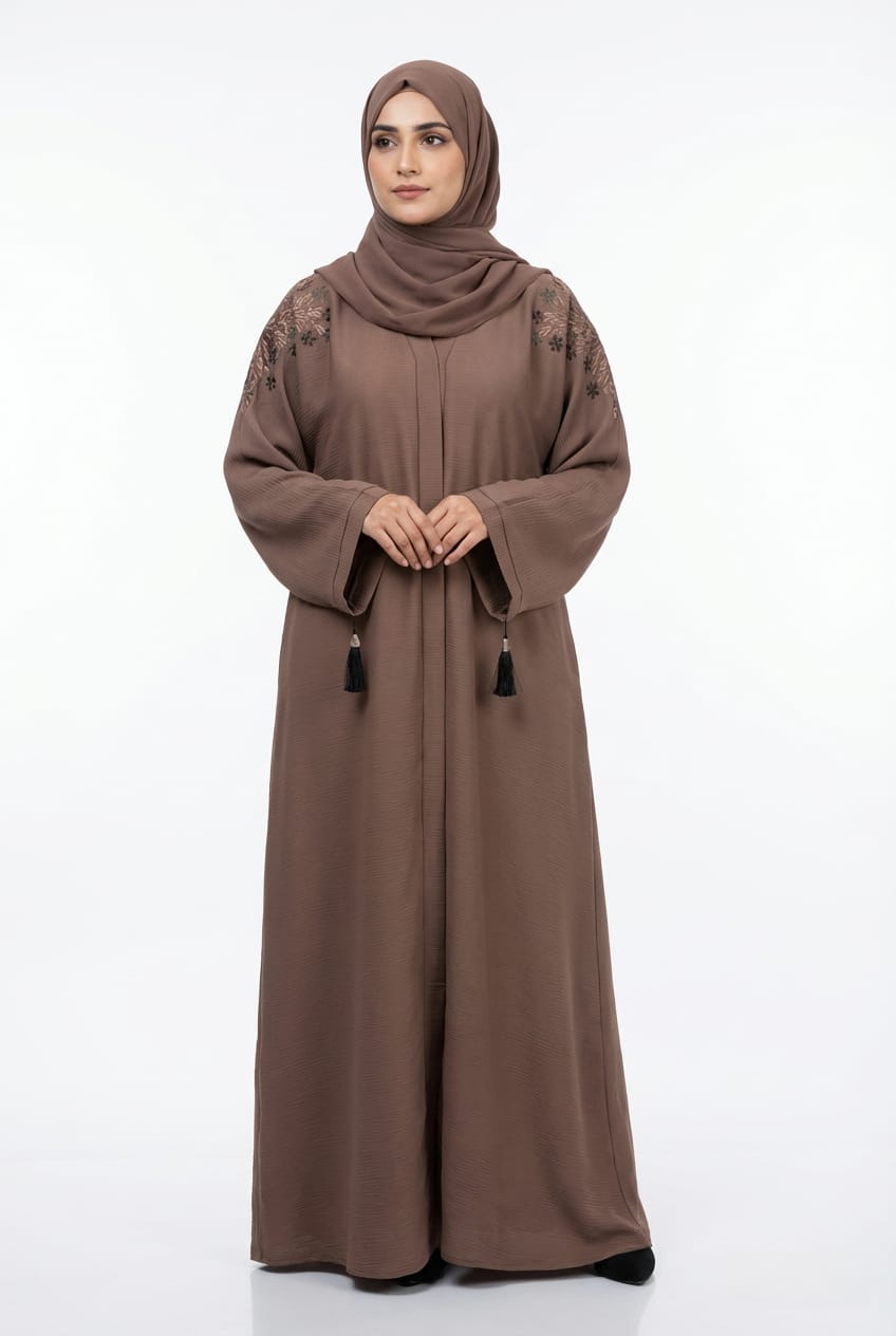 Mocha Embroidered Abaya with Tassel Detail & Matching Hijab