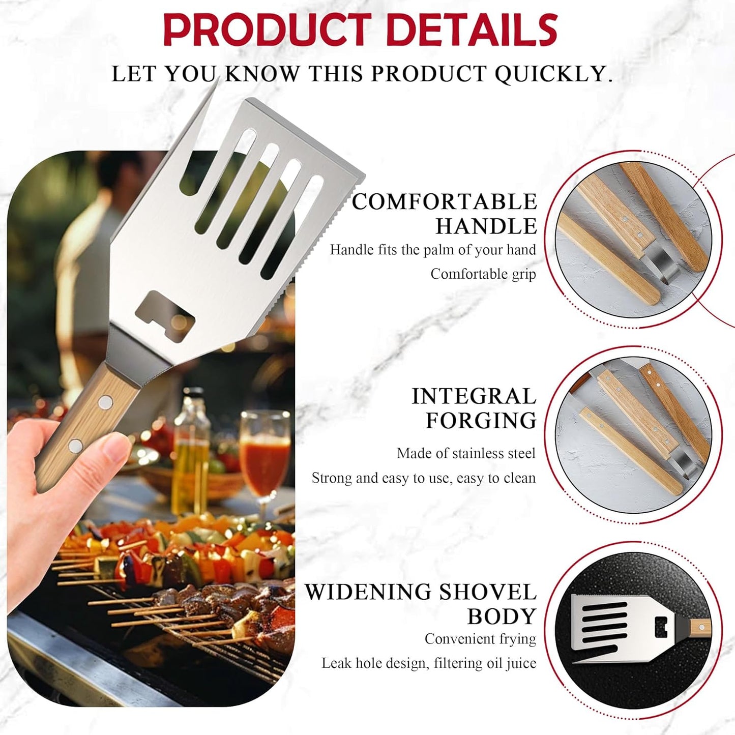 Rocymira 5-in-1 BBQ Spatula | Heavy Duty Stainless Steel Grill Tool with Wood Handle