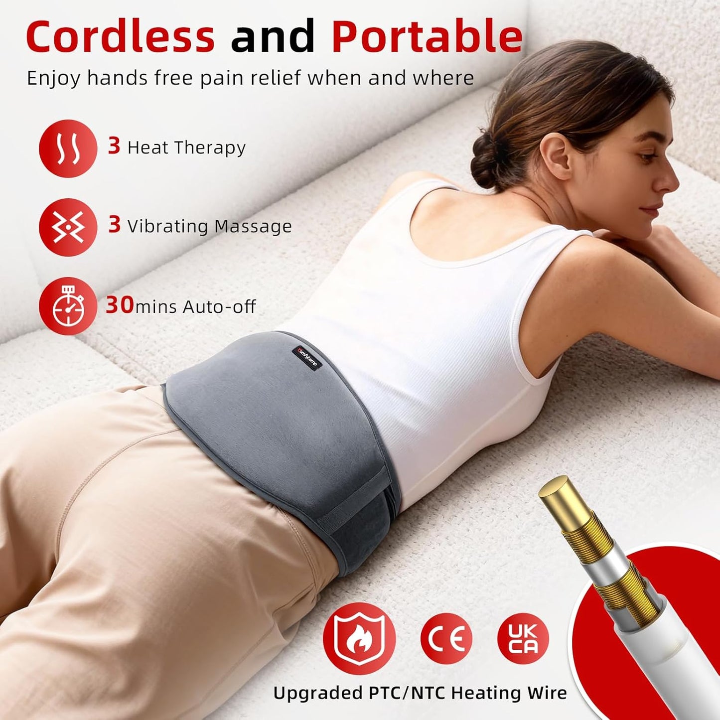 Cordless Heating Pad for Back & Waist – Rechargeable Heated Massage Belt with 3 Heat Levels,