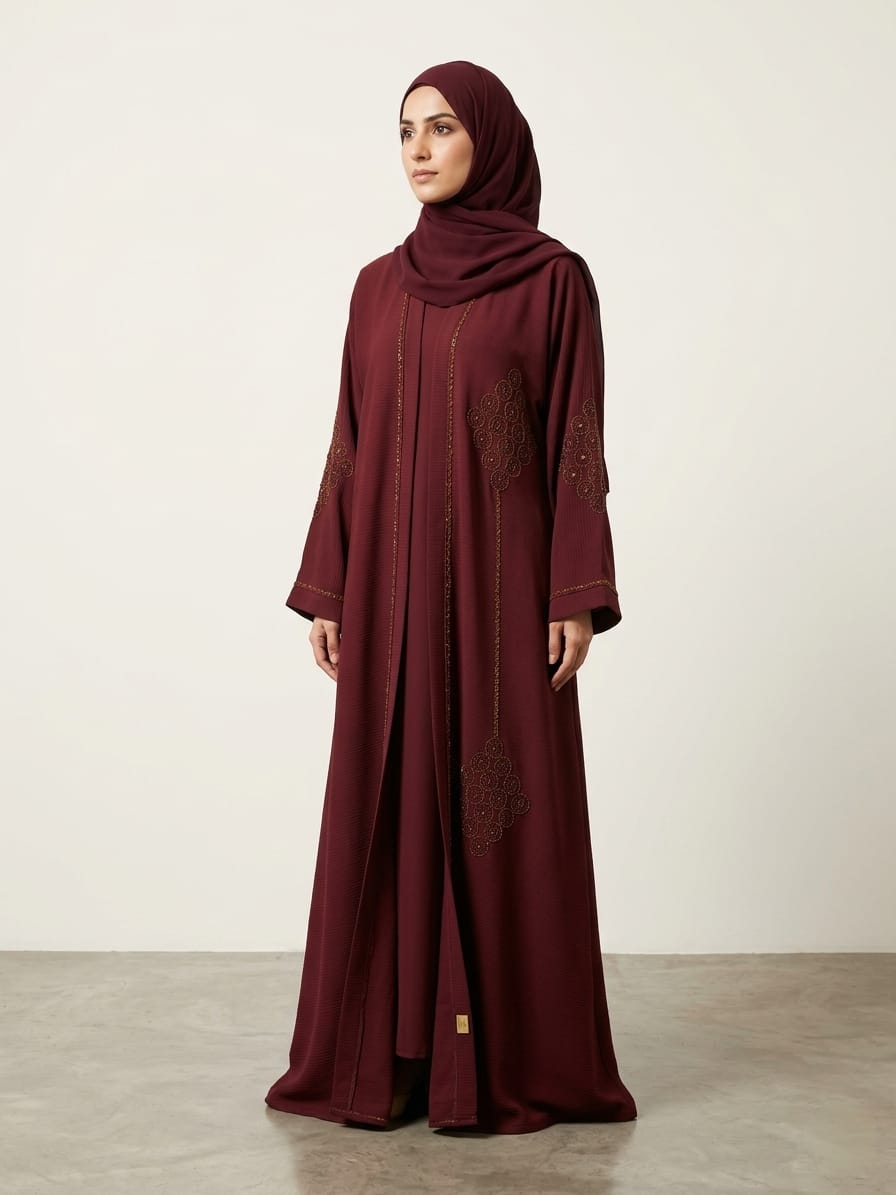 Maroon Open Abaya Set with Embroidered Detailing; Matching Hijab