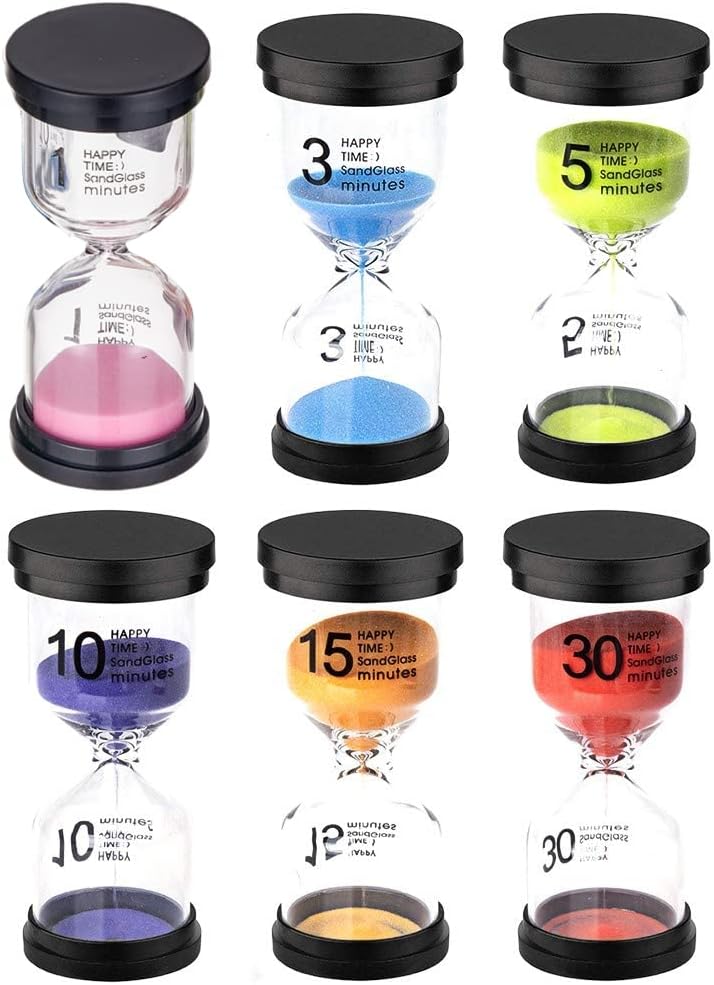 Six Colour Sand Timer Hourglass Set – 1, 3, 5, 10, 15 & 30 Minute