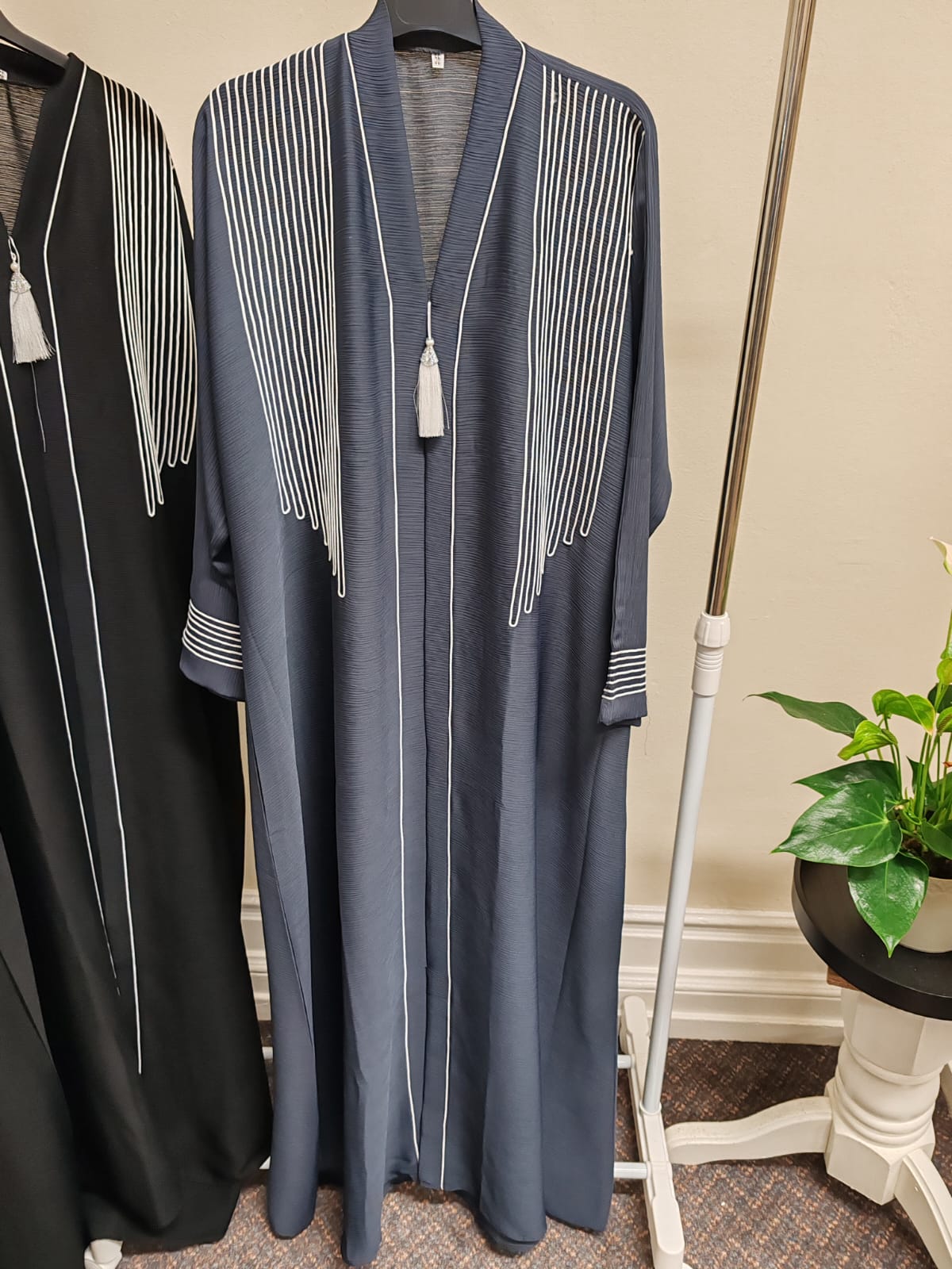 Abaya Slate Grey Textured with White Embroidery & Tassel Accent – Elegant Open