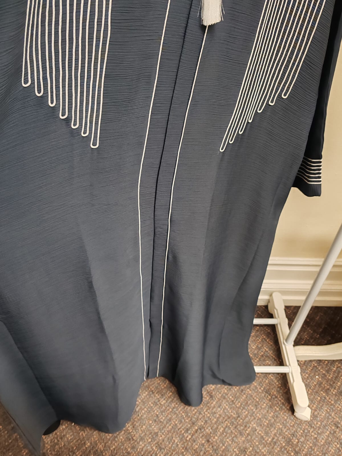 Abaya Slate Grey Textured with White Embroidery & Tassel Accent – Elegant Open