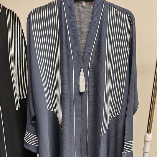 Abaya Slate Grey Textured with White Embroidery