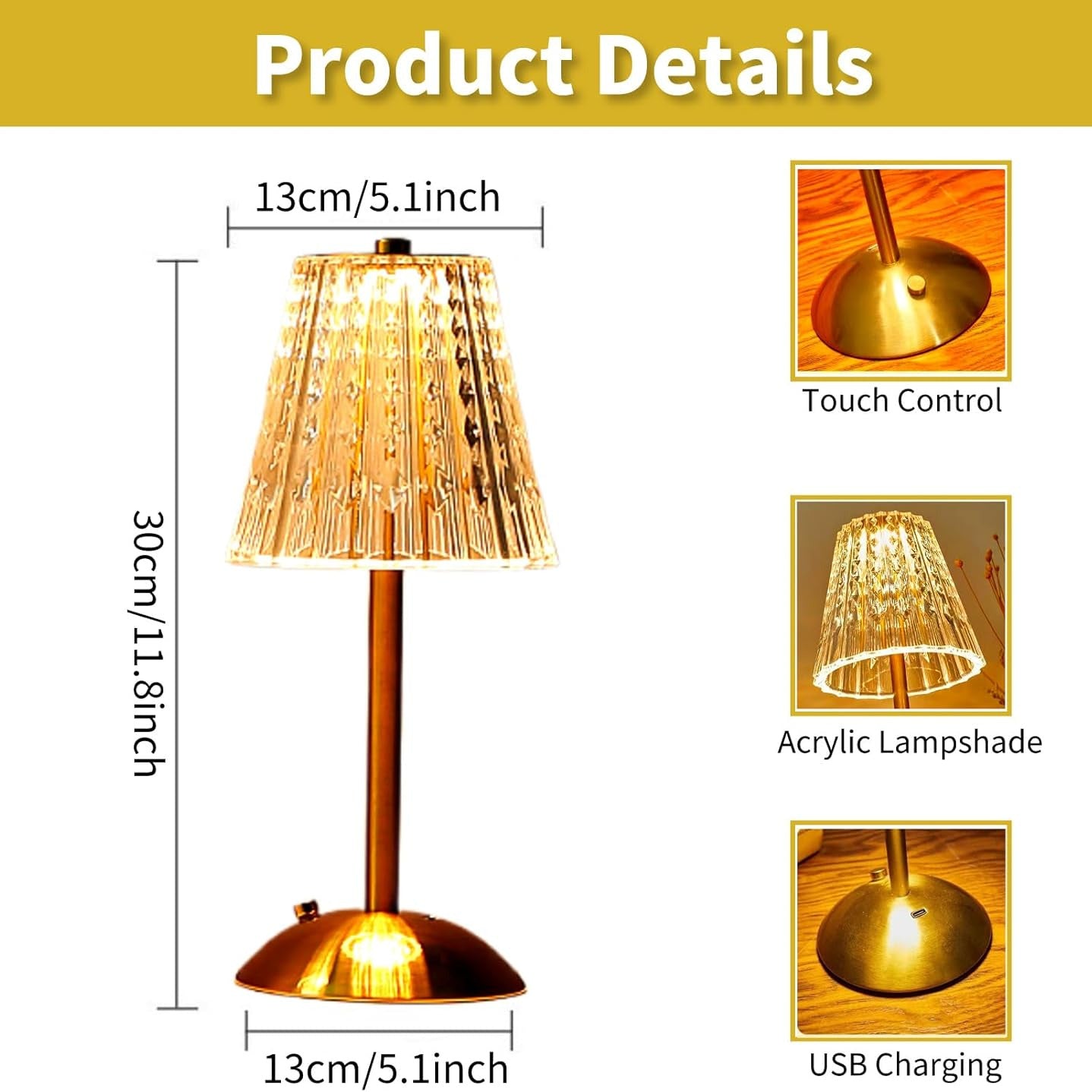 Gold table lamp with measurements and features on a white background