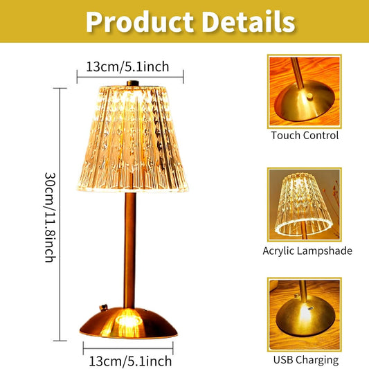 Gold table lamp with measurements and features on a white background