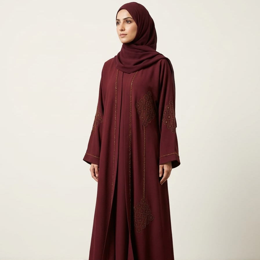 Maroon Open Abaya Set with Embroidered Detailing &amp; Matching Hijab