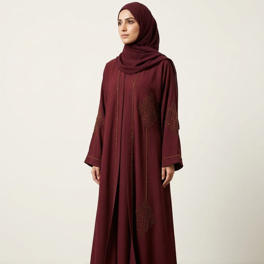 Maroon Open Abaya Set with Embroidered Detailing &amp; Matching Hijab
