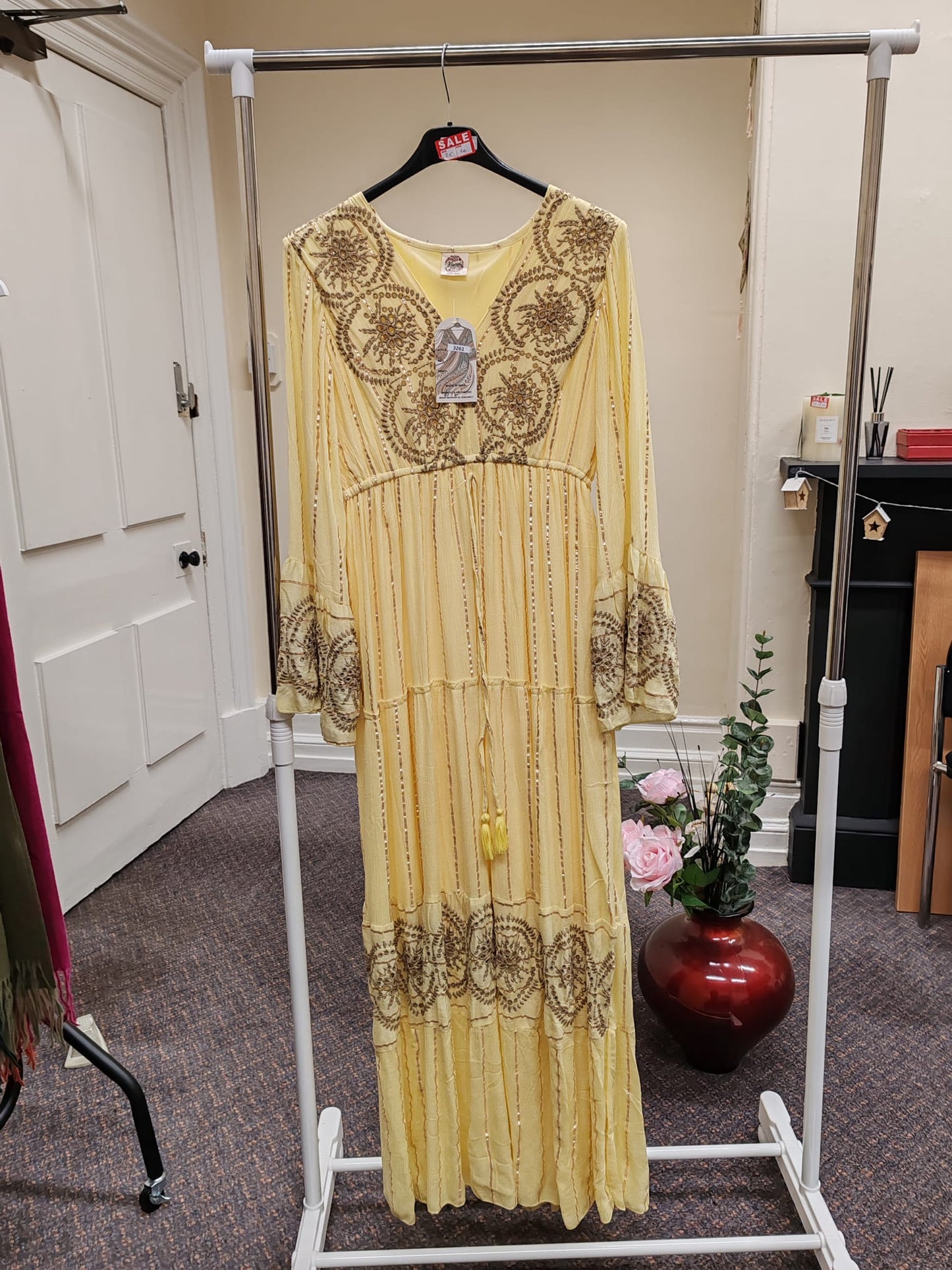 Maxi Dress Bohemian Yellow Embellished | Long Sleeve Tiered V-Neck Summer Gown