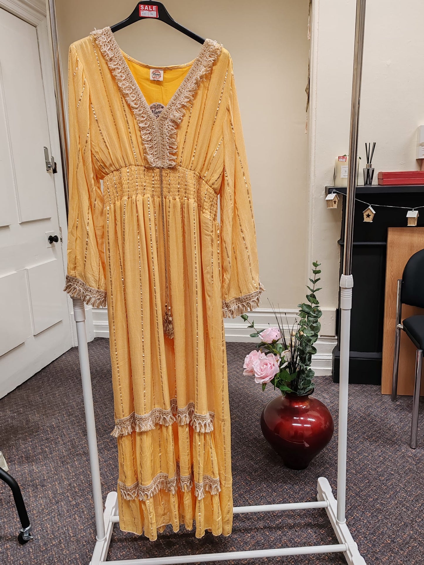 Yellow Modest Maxi Dress with Embroidery | Long Sleeve Elegant Cotton Dress
