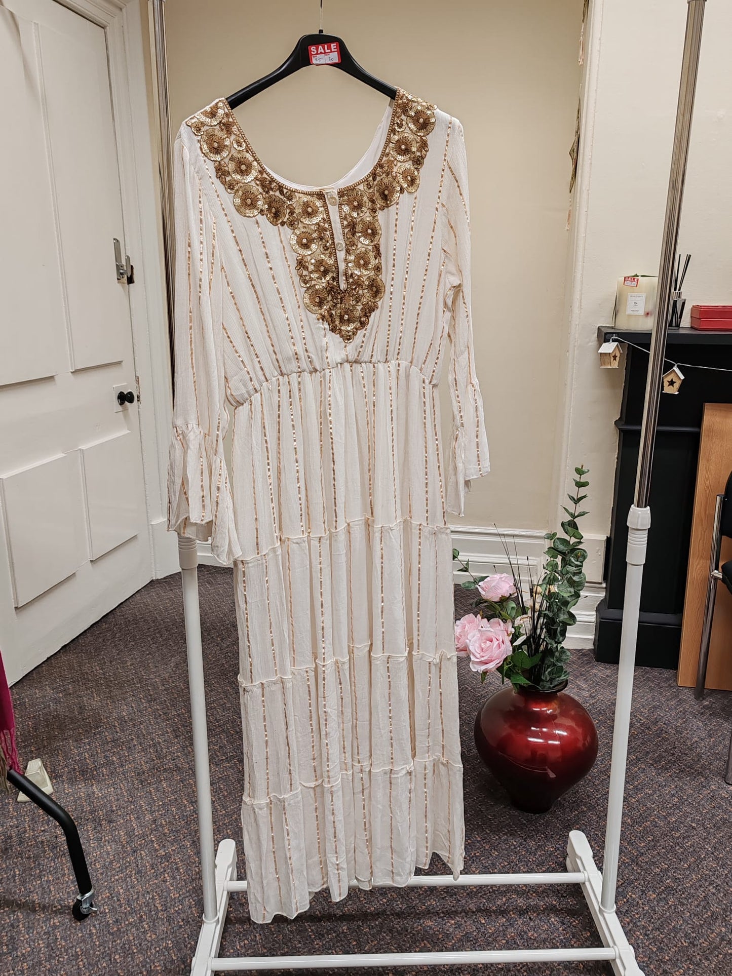 Modest Maxi Dress Elastic Waist 50” White Cotton Long Dress with Embroidery