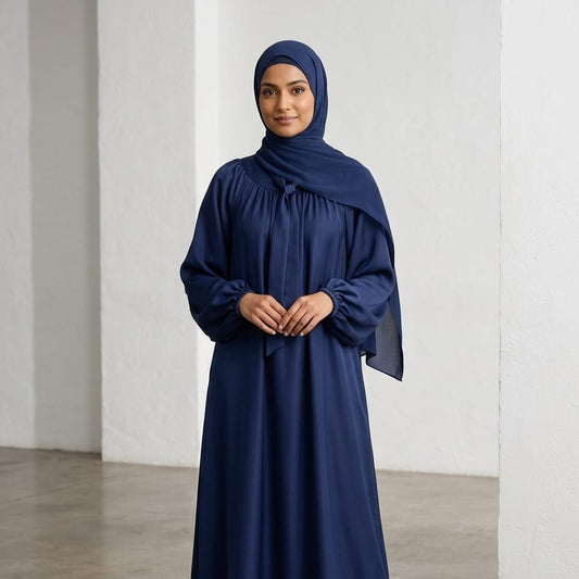 Navy Blue Gathered Abaya with Tie-Neck Detail – Elegant Modest Maxi Dress