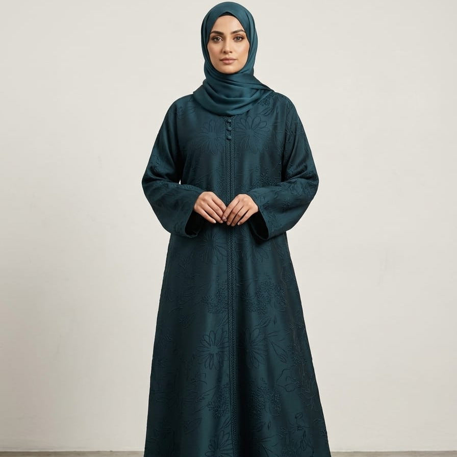 Teal Floral Embossed Abaya Set with Textured 