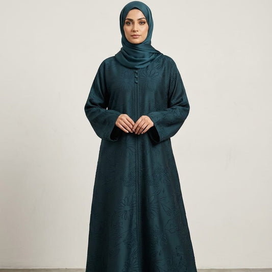 Teal Floral Embossed Abaya Set with Textured 