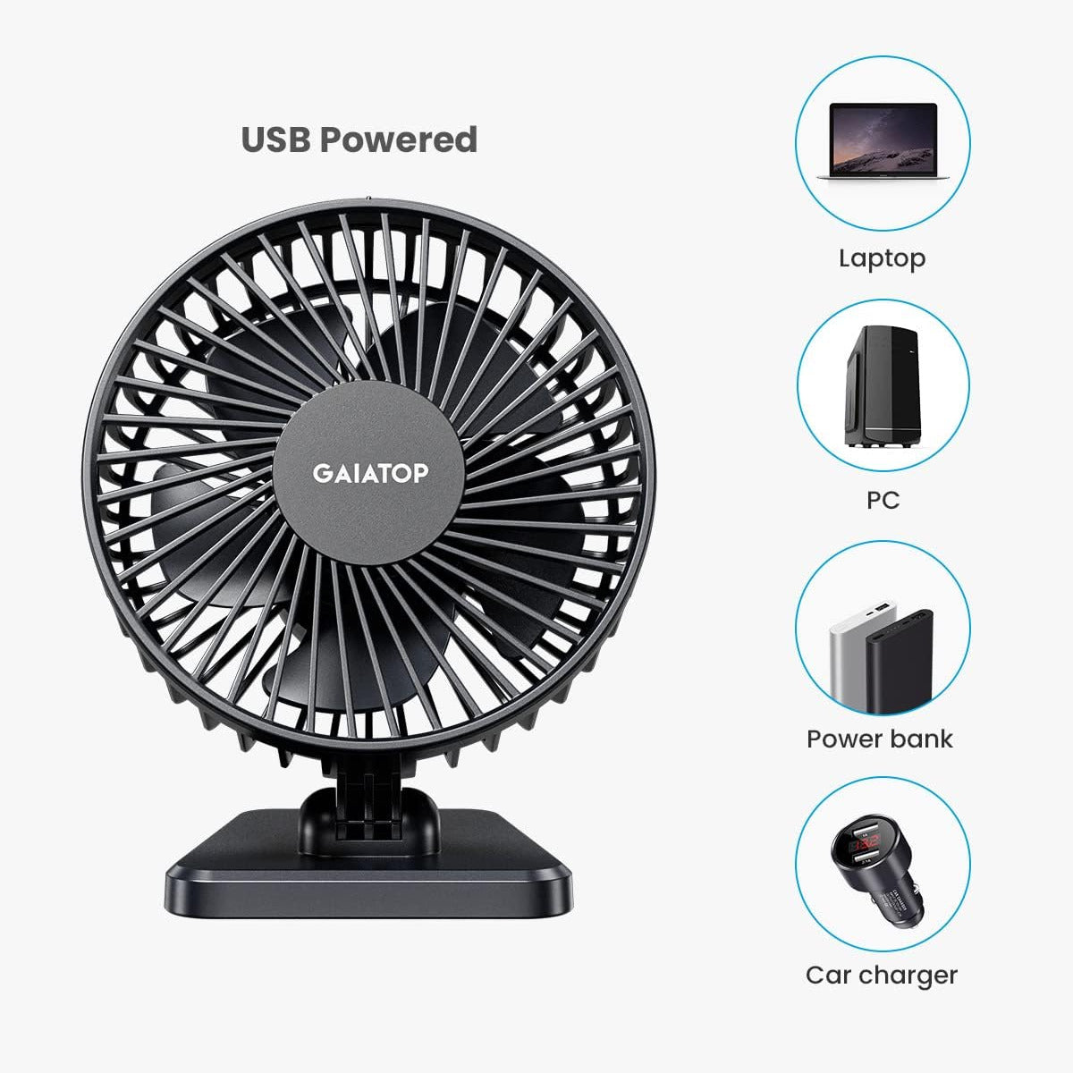 GAIATOP portable fan with plugging methods on a white background