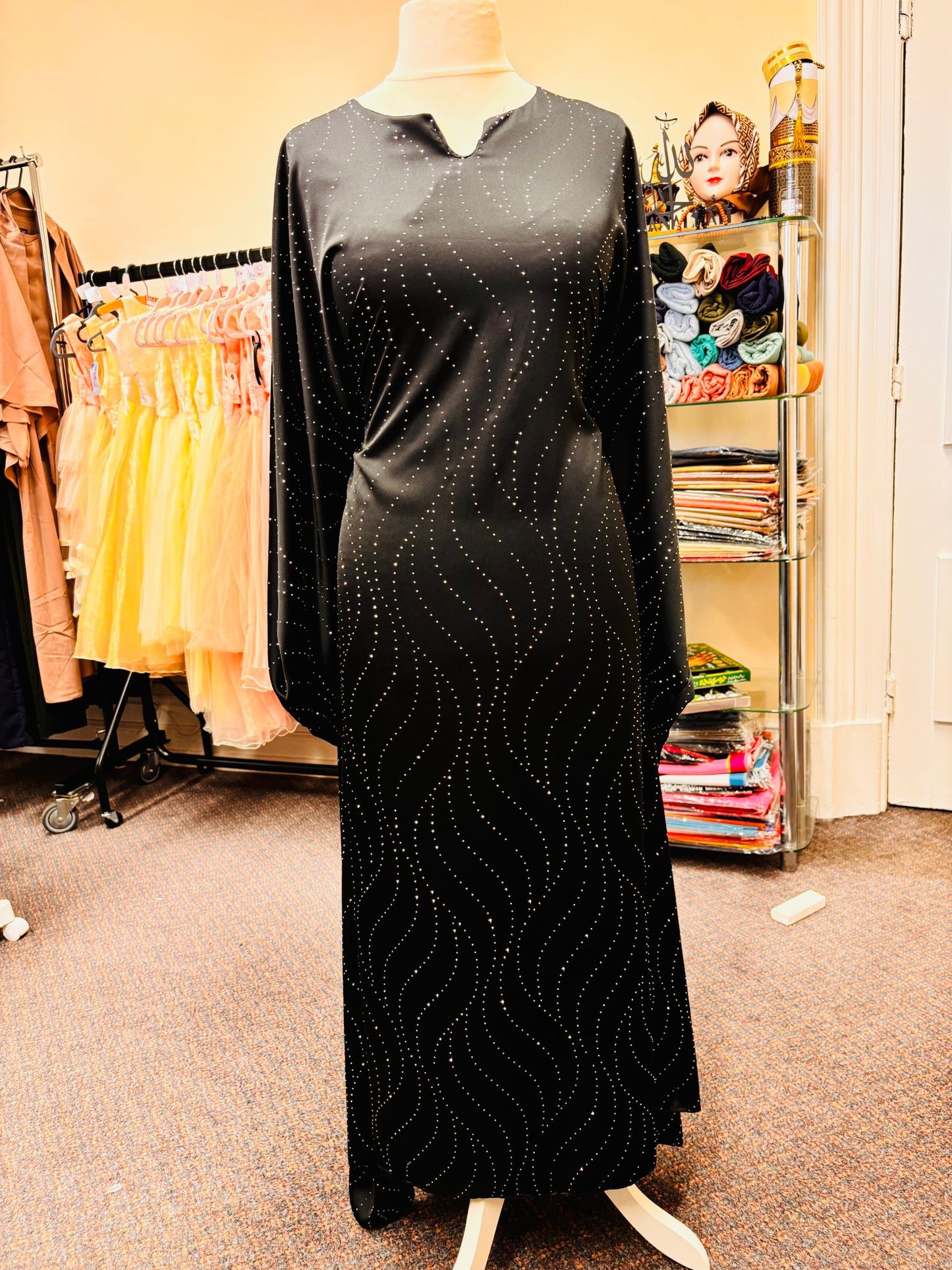 Black kaftan style glitter work abaya or long dress