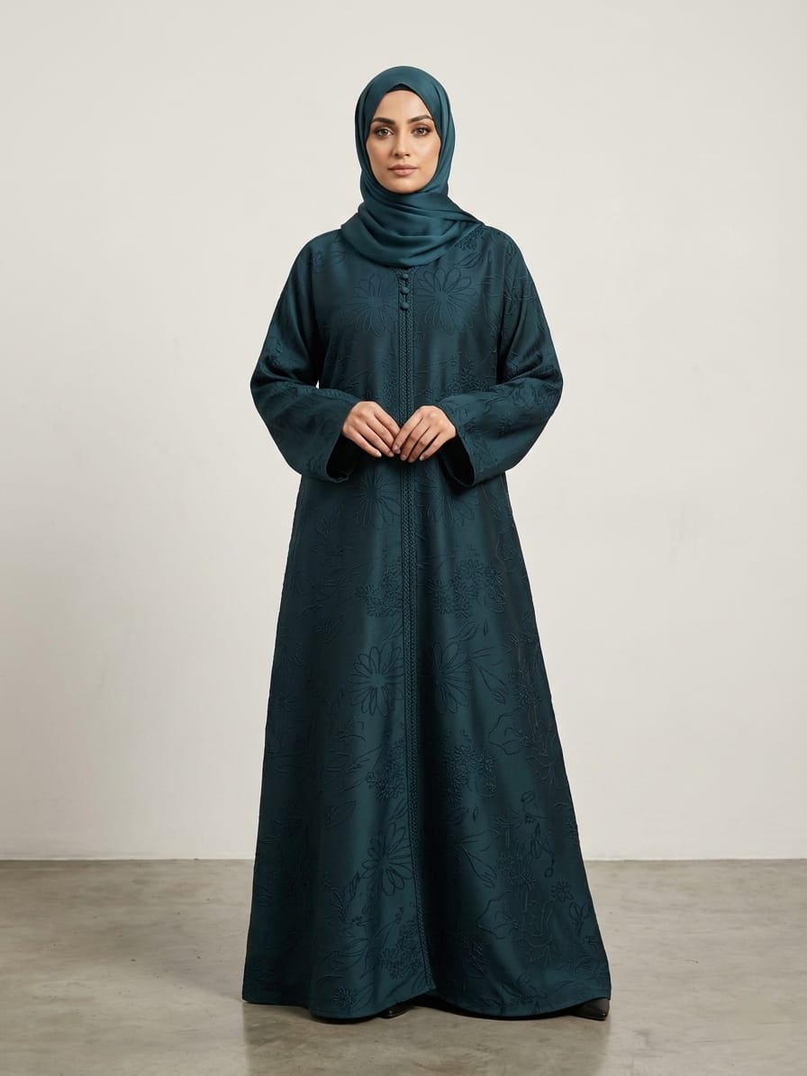 Teal Floral Embossed Abaya Set with Textured Crepe &amp; Matching Hijab