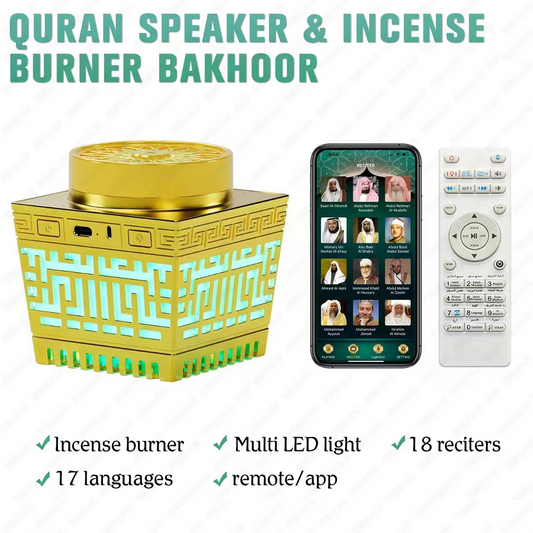 Bakhoor Incense Burner with Quran Telawah, Remote Controlled Speaker App (Gold)