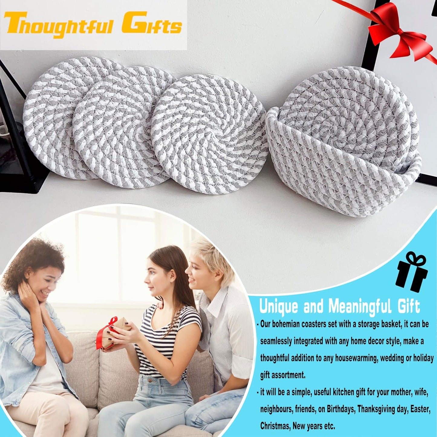 Grey Woven Cotton Coasters Set | Heat Resistant Drink Coasters