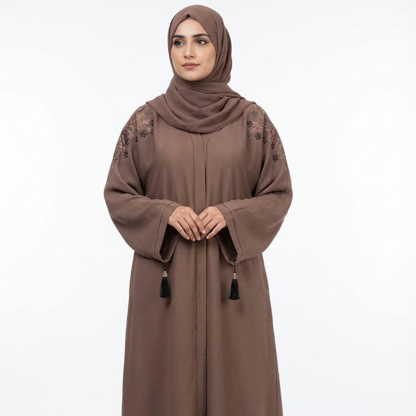 Mocha Embroidered Abaya with Tassel Detail &amp; Matching Hijab