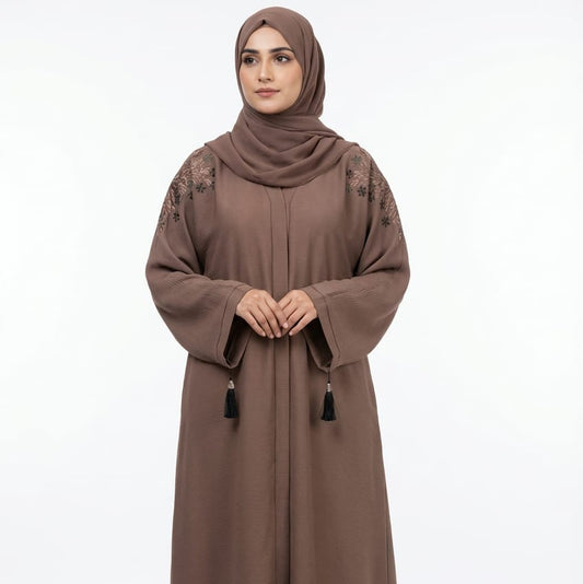 Mocha Embroidered Abaya with Tassel Detail &amp; Matching Hijab