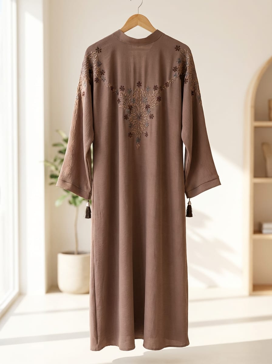Mocha Embroidered Abaya with Tassel Detail &amp; Matching Hijab