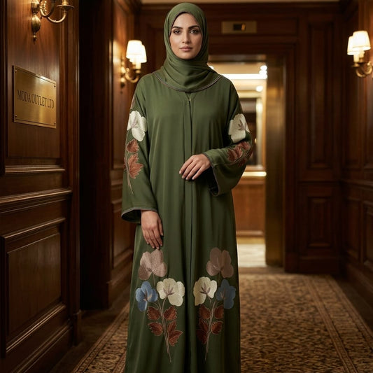 Olive Green Floral Embroidered Abaya with Matching Hijab