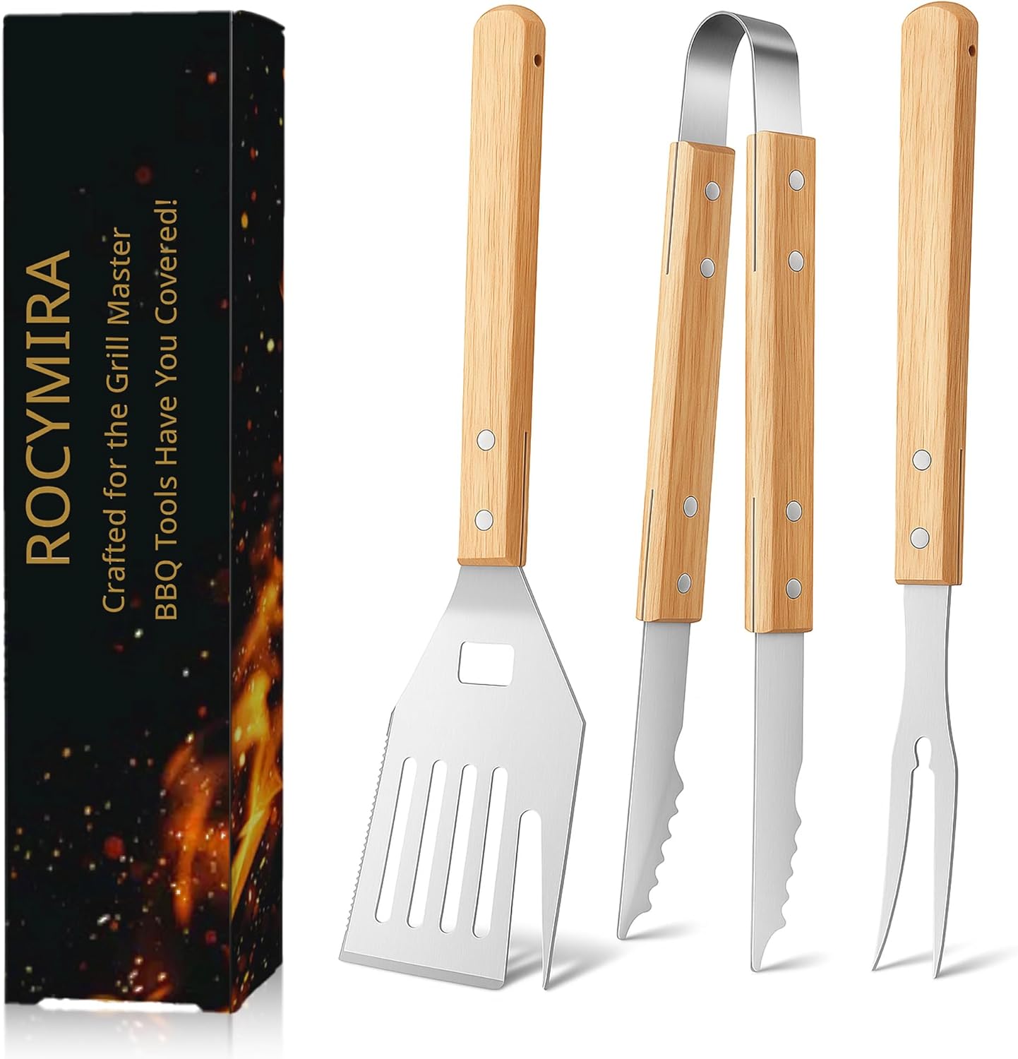 Rocymira 5-in-1 BBQ Spatula | Heavy Duty Stainless Steel Grill Tool with Wood Handle
