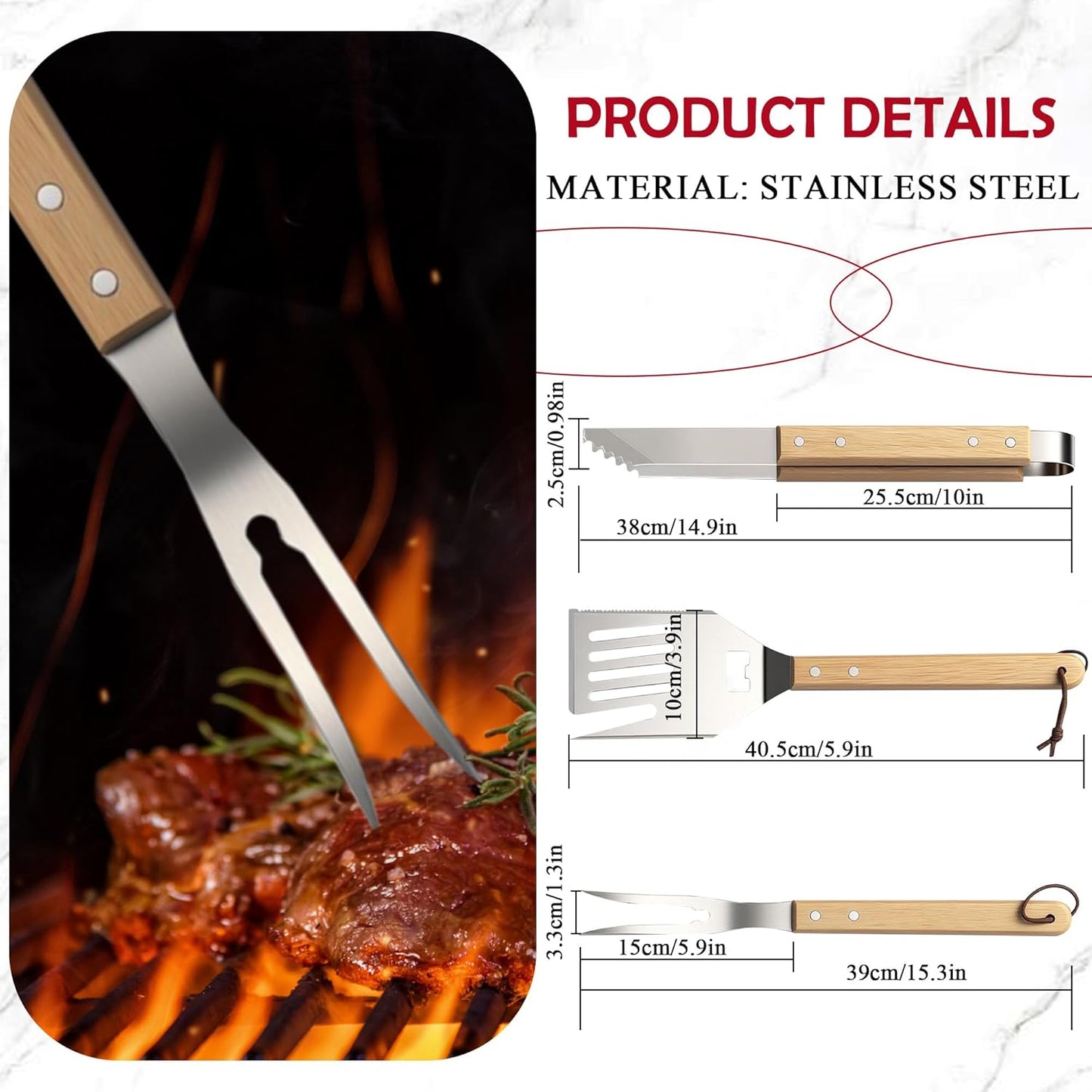 Rocymira 5-in-1 BBQ Spatula | Heavy Duty Stainless Steel Grill Tool with Wood Handle