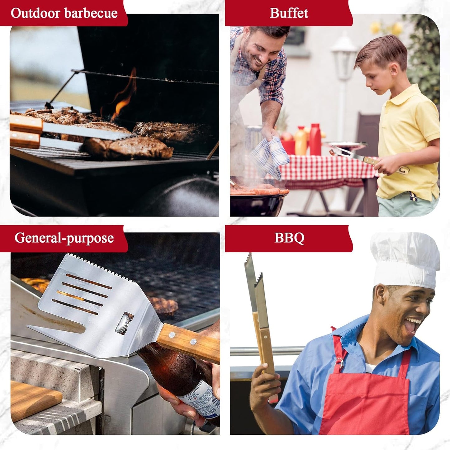 Rocymira 5-in-1 BBQ Spatula | Heavy Duty Stainless Steel Grill Tool with Wood Handle