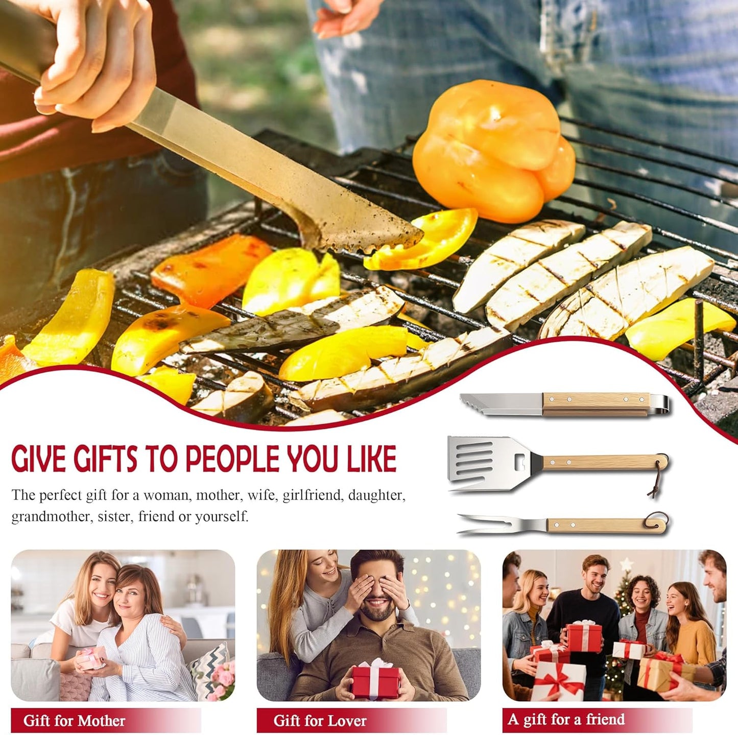 Rocymira 5-in-1 BBQ Spatula | Heavy Duty Stainless Steel Grill Tool with Wood Handle