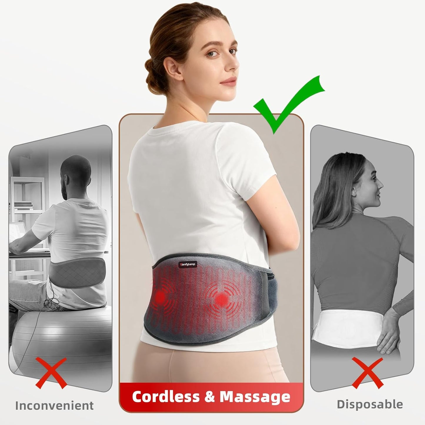 Cordless Heating Pad for Back &amp; Waist – Rechargeable Heated Massage Belt with 3 Heat Levels,
