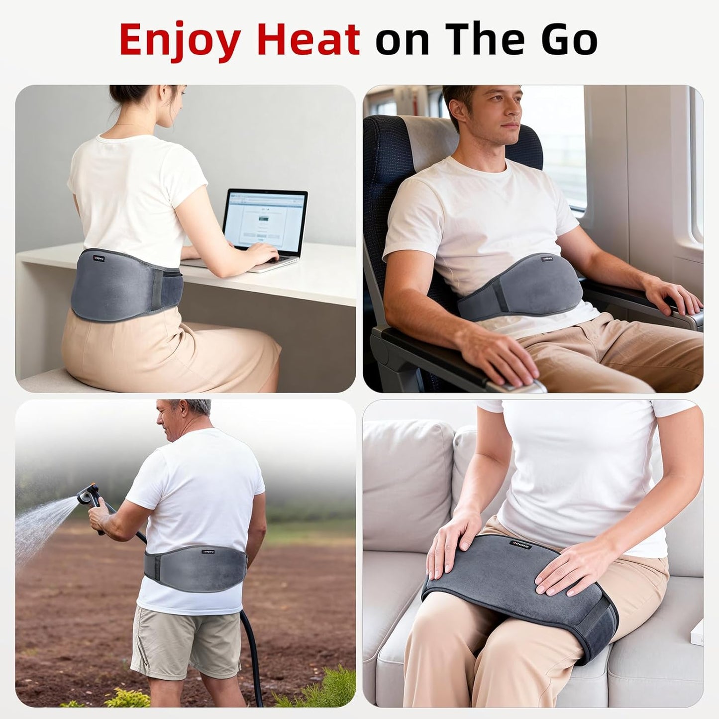 Cordless Heating Pad for Back &amp; Waist – Rechargeable Heated Massage Belt with 3 Heat Levels,