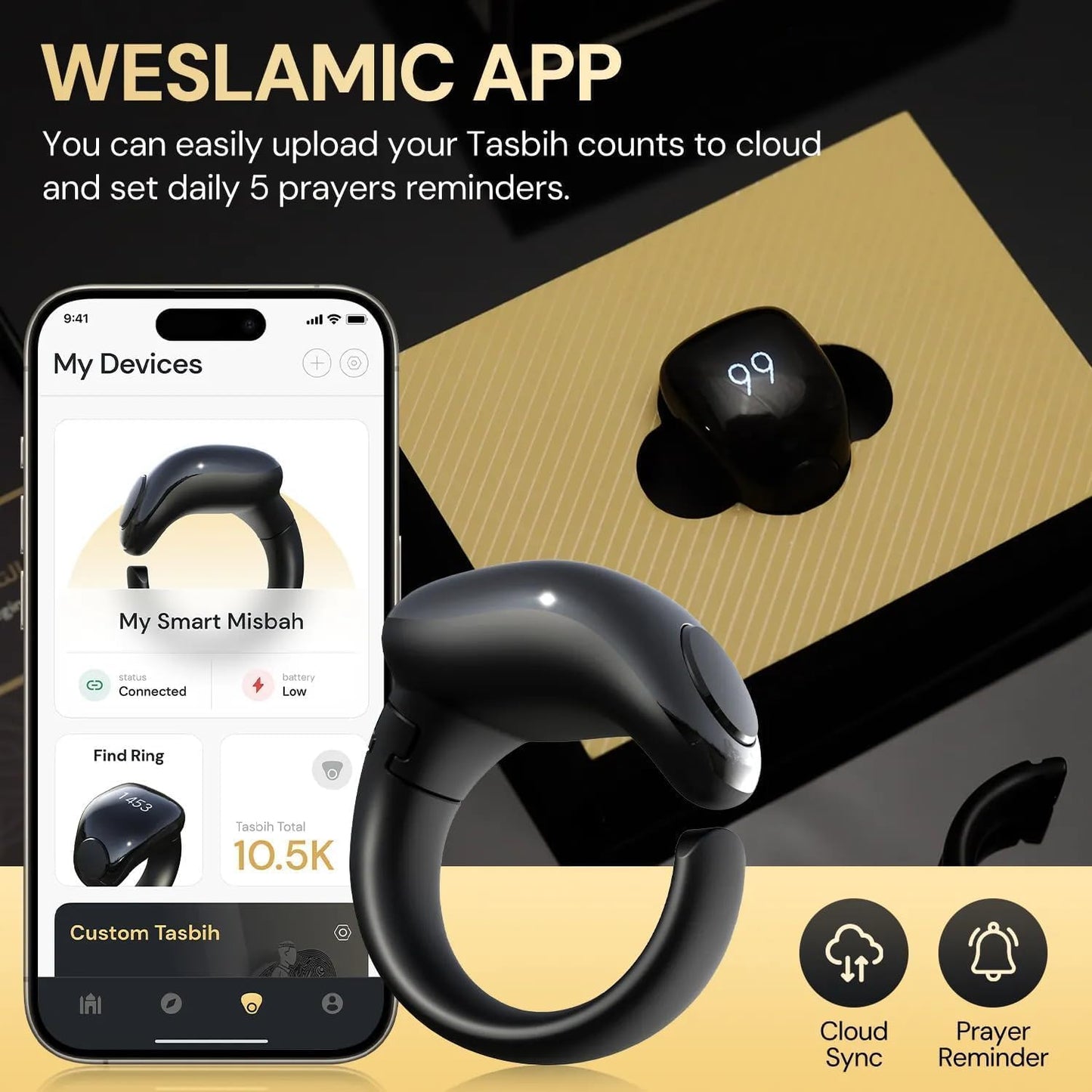 Smart Tasbih Ring with Zikr Counter – Bluetooth Prayer Reminder OLED Waterproof