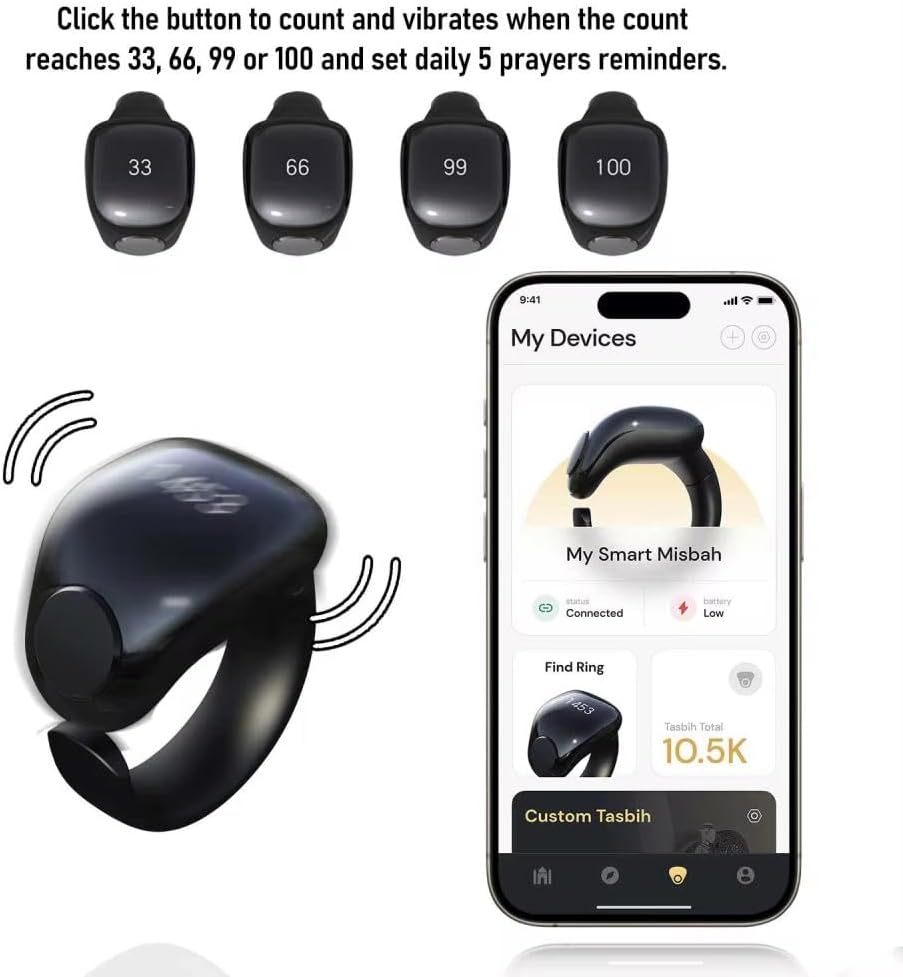 Smart Tasbih Ring with Zikr Counter – Bluetooth Prayer Reminder OLED Waterproof