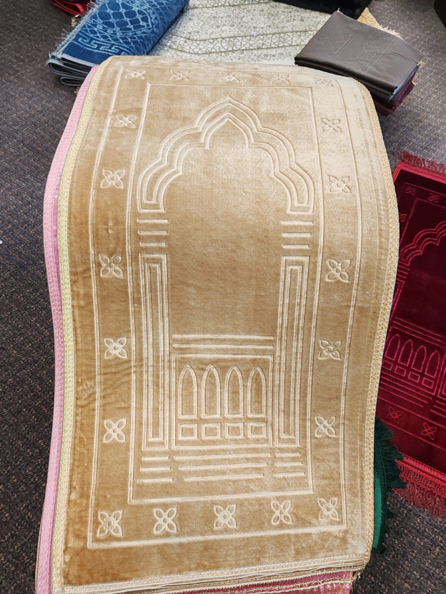 Kids Red Velvet Islamic Prayer Mat (Janamaz) | Soft & Padded Small Prayer Rug