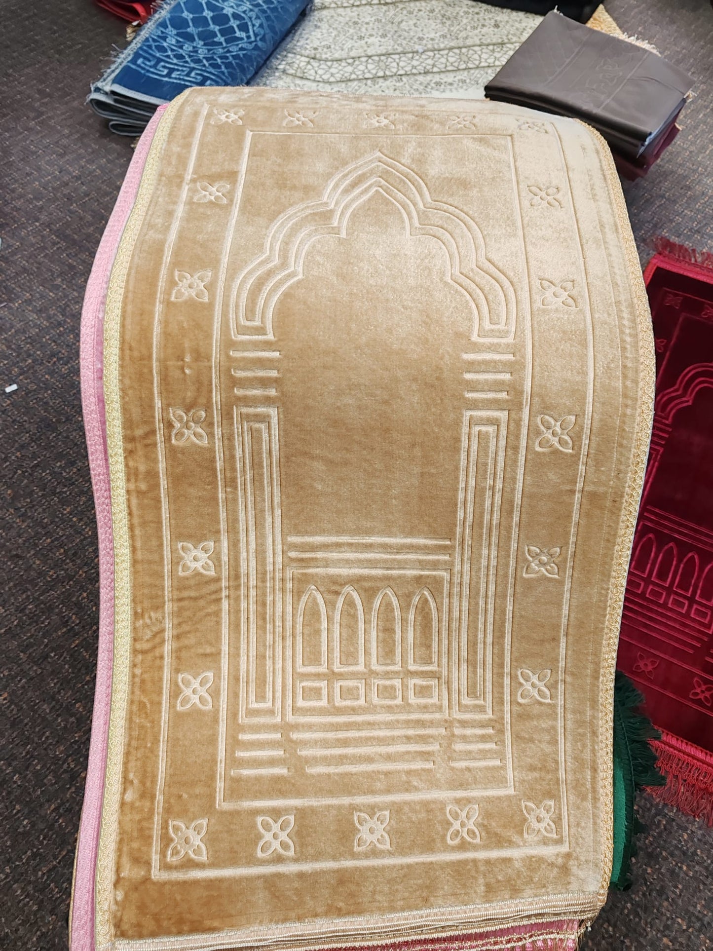Kids Red Velvet Islamic Prayer Mat (Janamaz) | Soft & Padded Small Prayer Rug