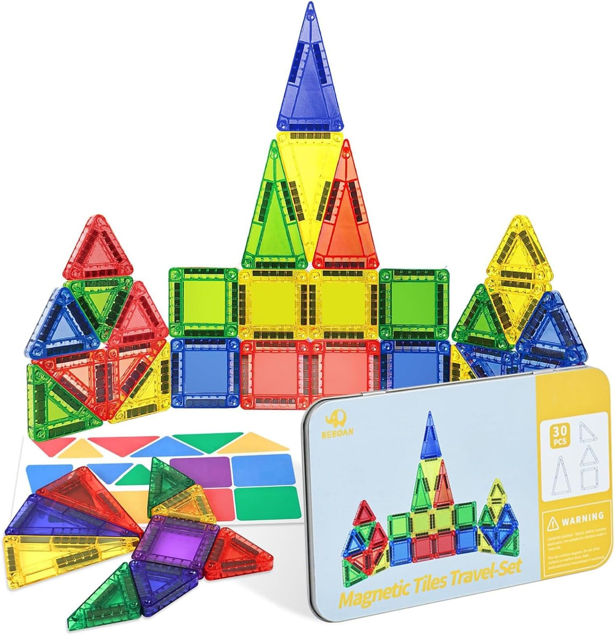 BEBOAN Mini Travel Magnetic Tiles 30PCS – Portable Magnetic Building Blocks with Iron Storage Box