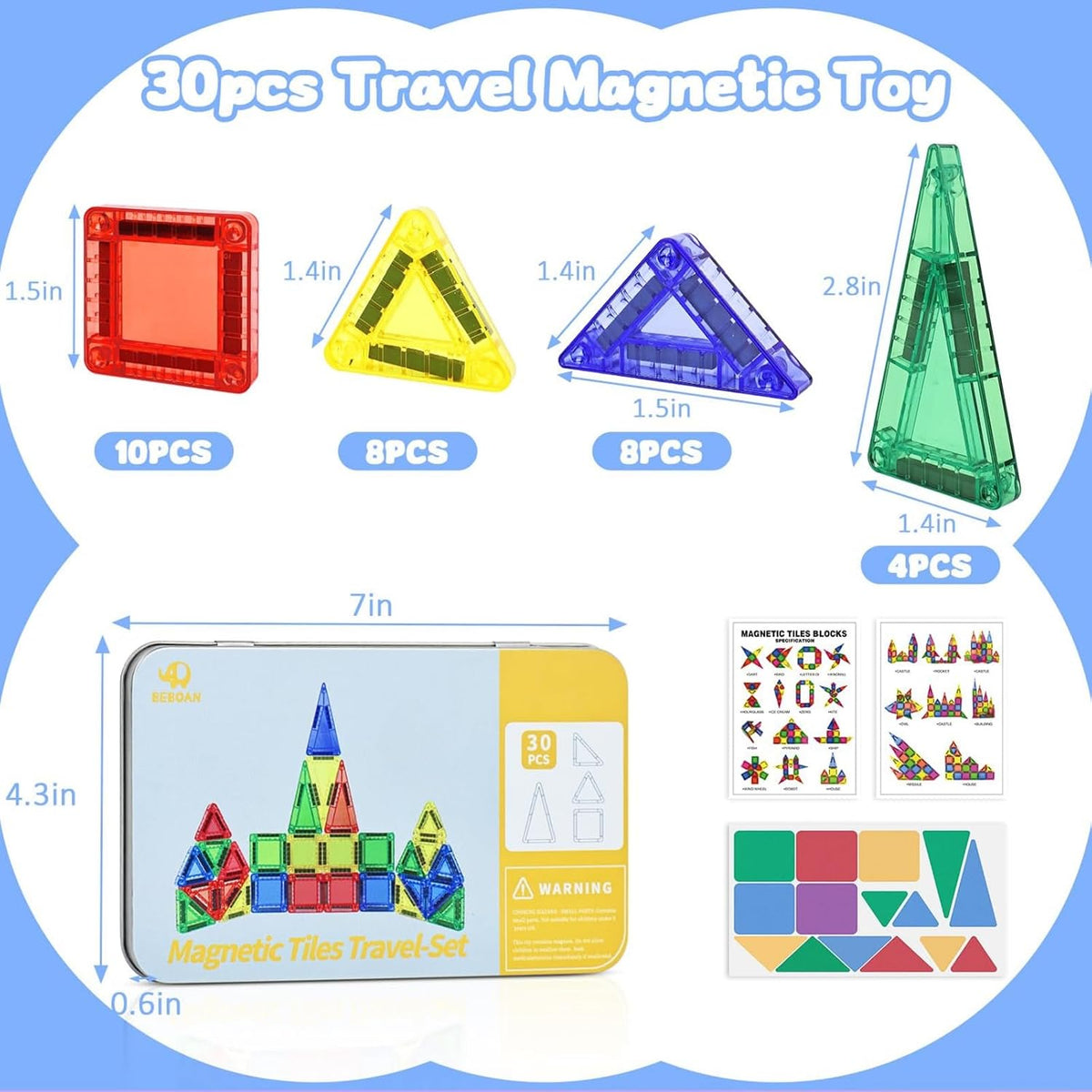BEBOAN Mini Travel Magnetic Tiles 30PCS – Portable Magnetic Building Blocks with Iron Storage Box