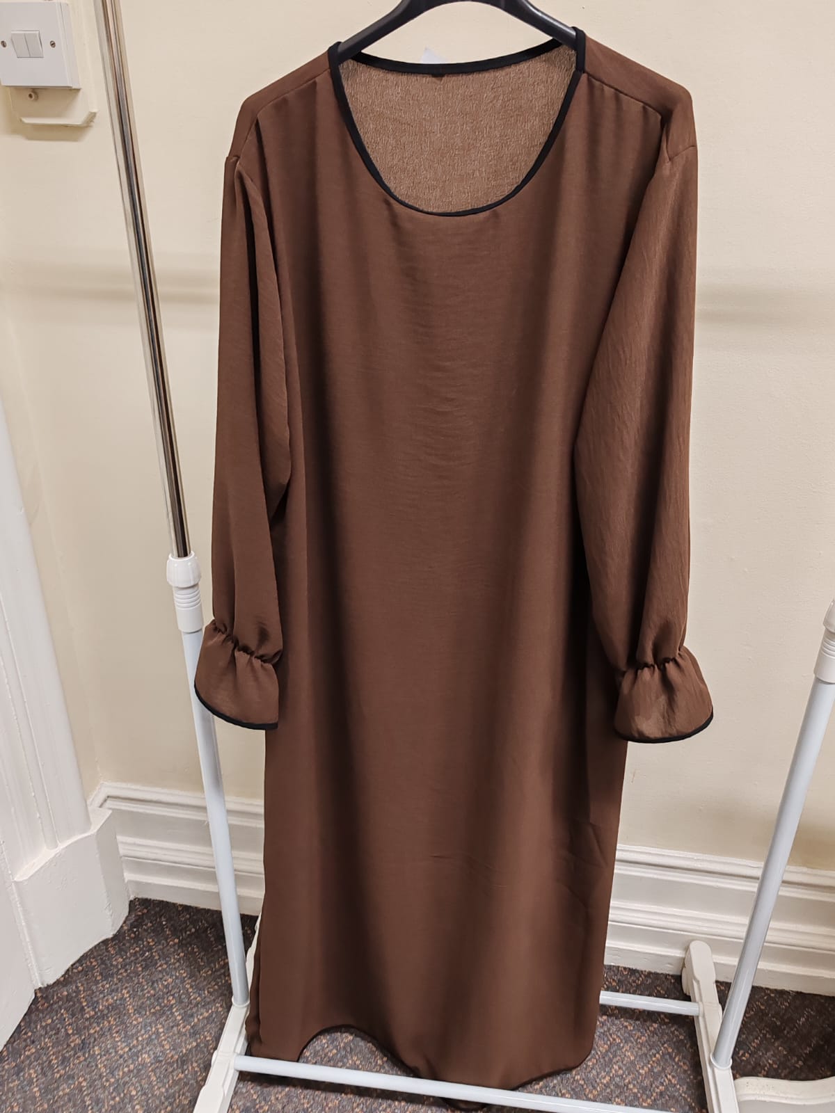 Chocolate Brown Modest Inner Dress | Long Sleeve Abaya Gown with Frilled Cuffs