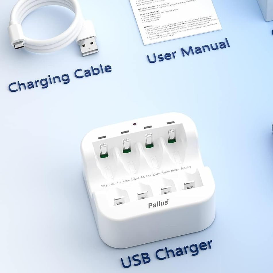USB charger, rechargeable batteries, charging cable, and user manual on a light blue background