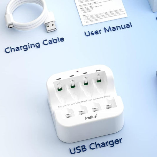 USB charger, rechargeable batteries, charging cable, and user manual on a light blue background