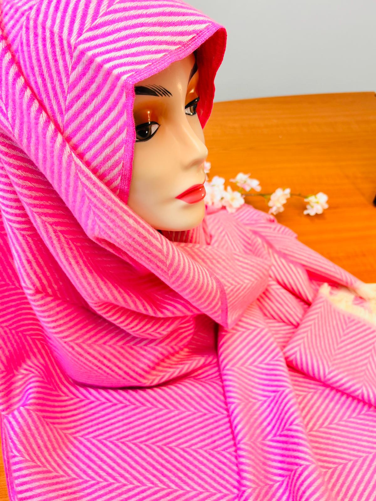 Scarf/Shawl Vibrant Pink Cream Herringbone Scarf/Shawl-1pc