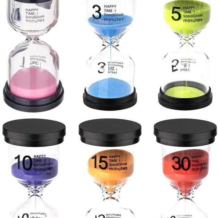 Set of colorful hourglass timers with different time markings on a white background