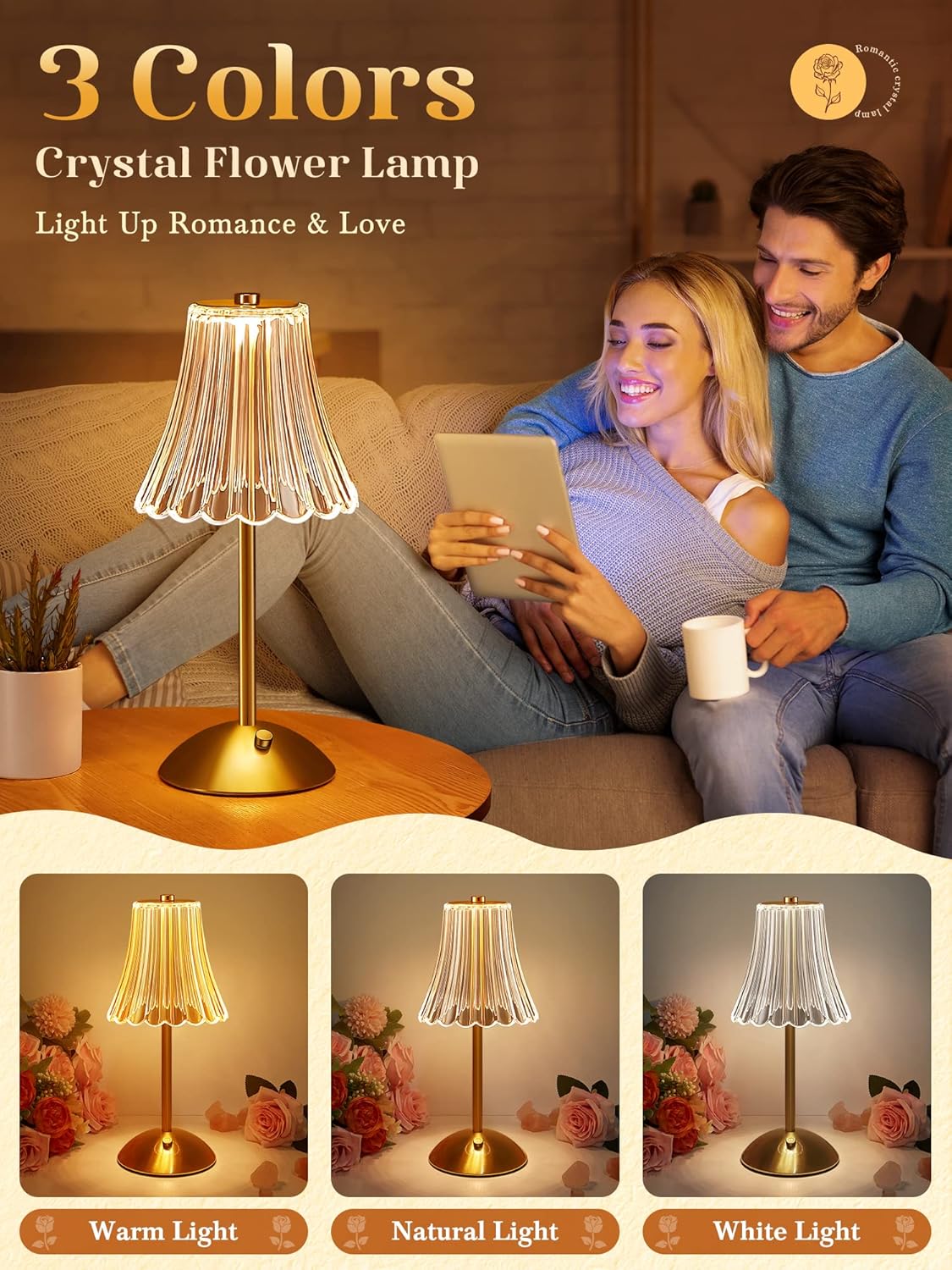 One Fire Gold Rose Bedside Lamps Set of 2 – Rechargeable Dimmable Table Lamps