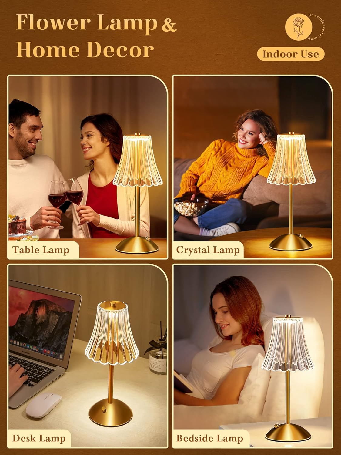 One Fire Gold Rose Bedside Lamps Set of 2 – Rechargeable Dimmable Table Lamps