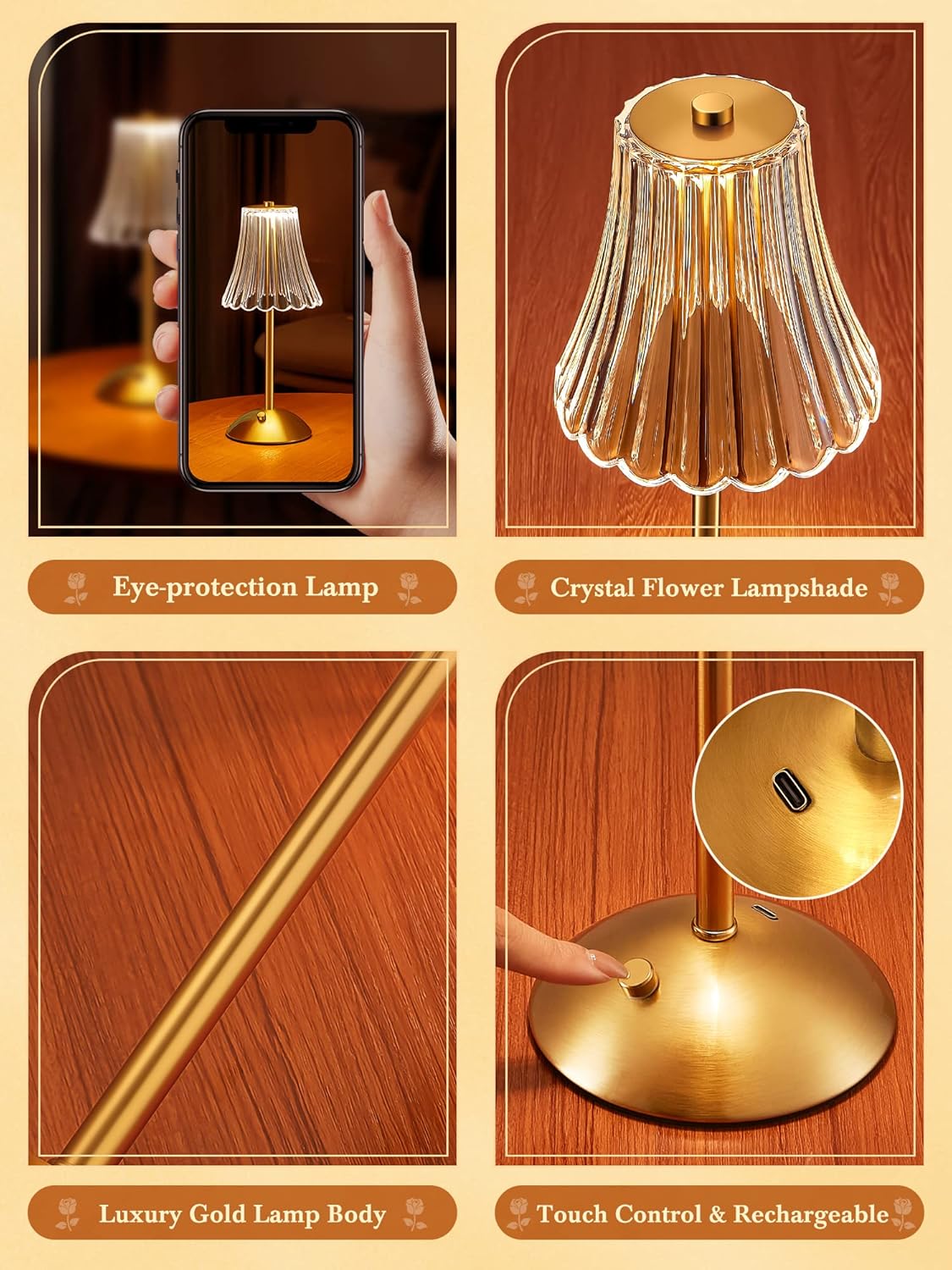 One Fire Gold Rose Bedside Lamps Set of 2 – Rechargeable Dimmable Table Lamps