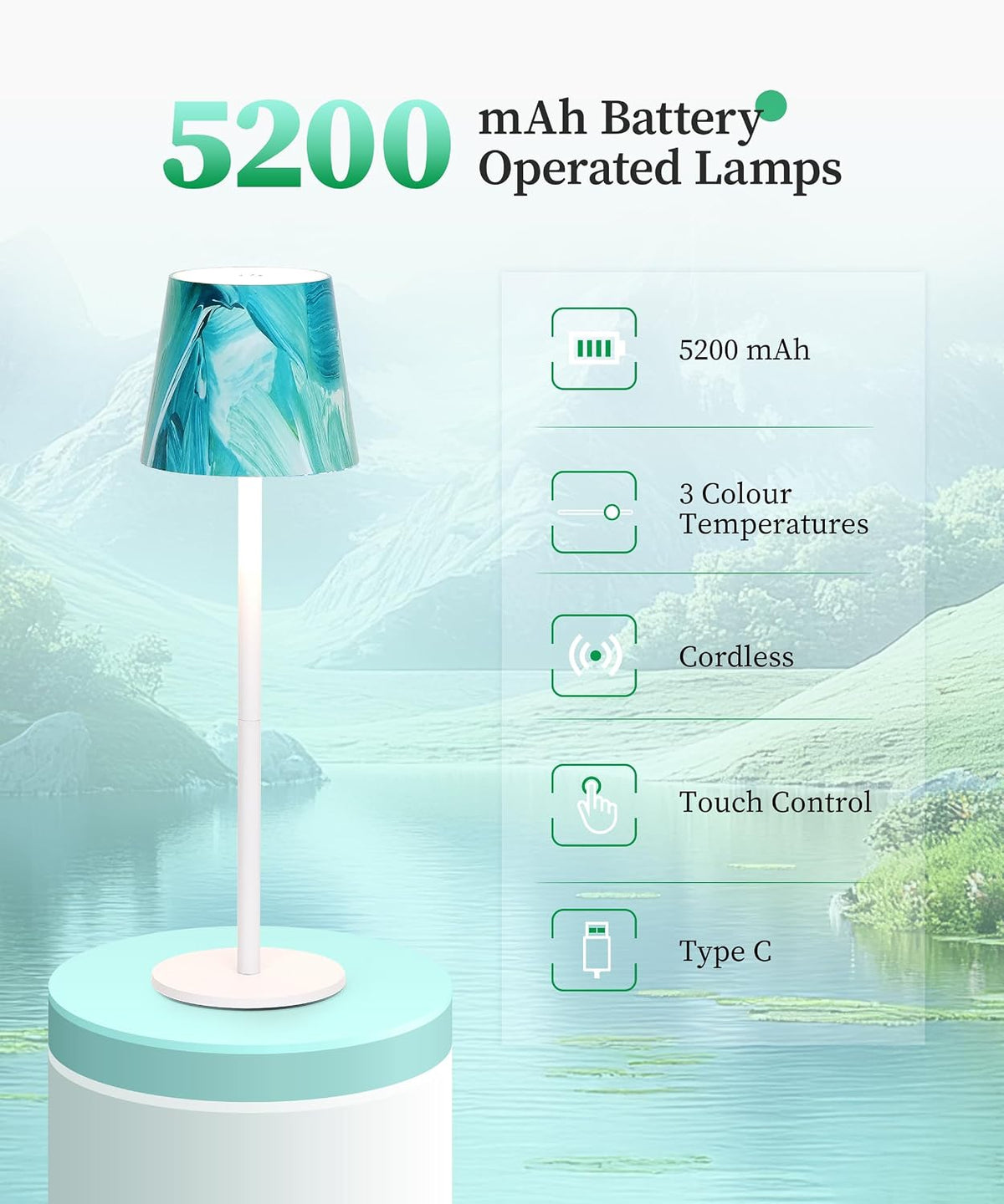Rechargeable Cordless Table Lamps – 5200mAh Battery, 3 Light Colours, Touch Control, IP54 Waterproof